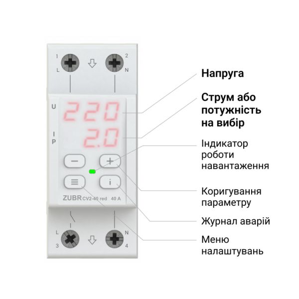 Реле напруги з контролем струму ZUBR CV2-50 red